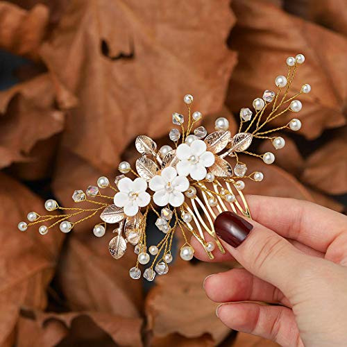 Jeairts Flower Bride Wedding Hair Comb Gold Crystal Bridal Headpiece Pearl Hair Side Combs Leaf Wedding Headwear Decorative Hair Accessories for Women and Girls