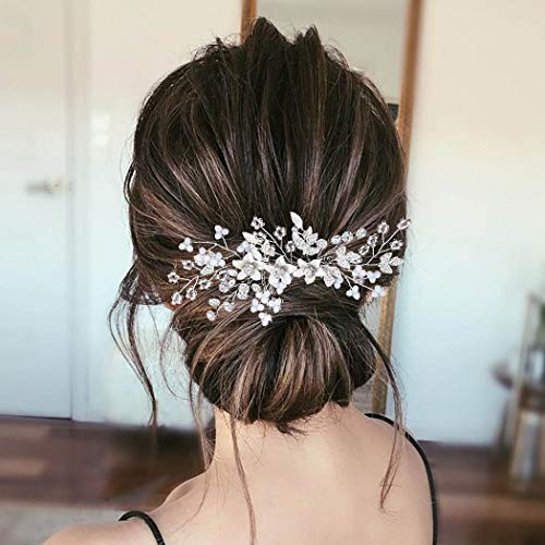 Jeairts Flower Bride Wedding Hair Comb Silver Crystal Bridal Hair Side Combs White Beaded Headpiece Hair Dress Decorative Hair Accessories for Women and Girls