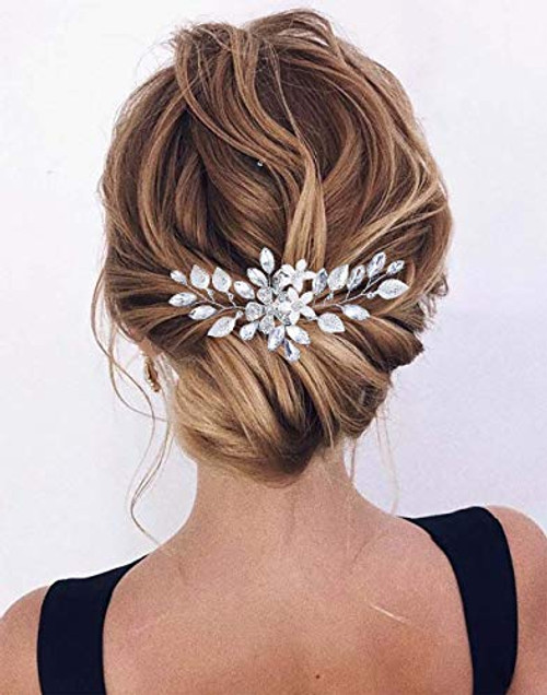 Jeairts Flower Pearl Bridal Hair Comb Silver Crystal Wedding Hair Side Combs Rhinestone Leaves Headpiece Hair Dress Decorative Hair Accessories for Women and Girls