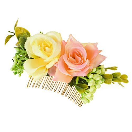 June Bloomy Bridal Rose Flower Headpiece Greenery Succulents Wedding Hair Comb (Pink Yellow) June Bloomy Bridal Rose Flower Headpiece Greenery Succulents Wedding Hair Comb (Pink Yellow)
