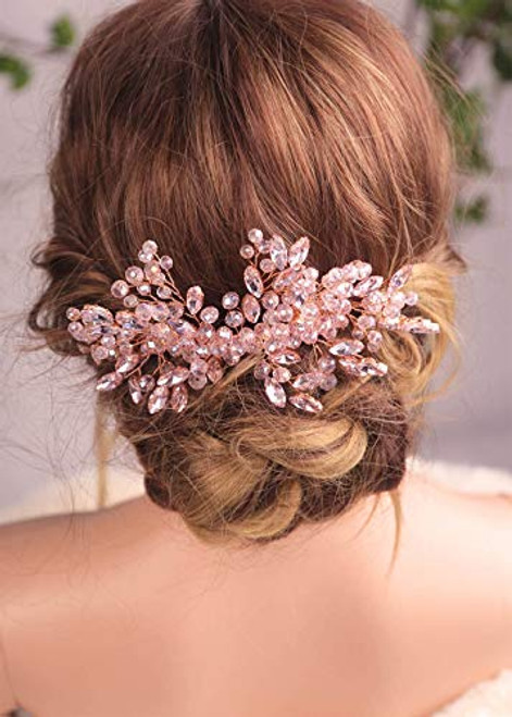 Kercisbeauty Crystal Hair Comb for Women Wedding Hair Jewelry Bridal Boho Headpiece Prom Jewelry (Pink)