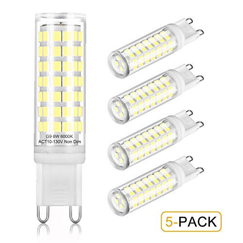 KLG G9 LED Light Bulb 6W Daylight White 6000K,60W Halogen Equivalent, G9 Bi Pin Base Base Bulbs, 520LM, AC 120V for Home Lighting, Not Dimmable Pack of 5