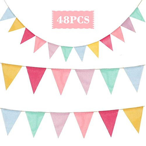 48pcs Colorful Flags Banner, KTOMO Multicolor Burlap Pennant Banner Triangle Pennant Flags Bunting for Party Outdoor Decorations