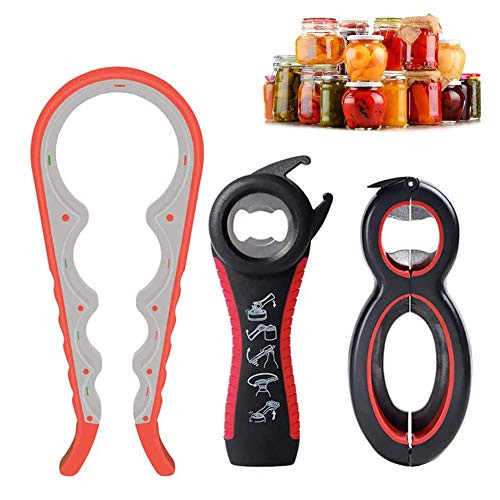 Bottle Opener 3 Pack, 5-in-1 and 6-in-1 Multi Kitchen Tools Set and 4-in-1Jar Grip Opener,Twist Off Lid Kitchen Tool for Children, Weak Hand and Seniors with Arthritis