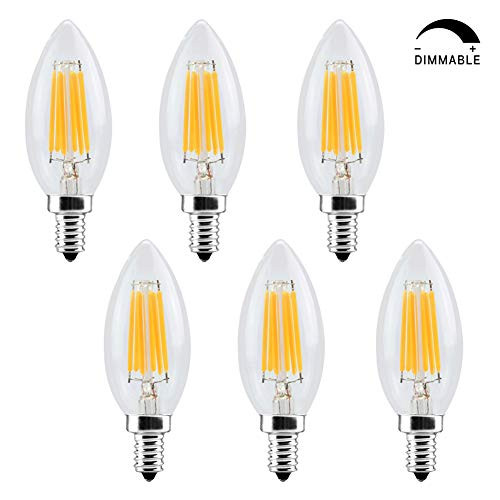 MD Lighting E12 LED Candelabra Bulb Dimmable 6W Warm White 2700K 500LM 60W Equivalent Candle C35 Bulbs Edison Filament Clear Glow Glass Torpedo Shape, 6-Pack, AC 110-130V