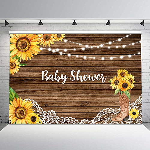 Mocsicka Rustic Sunlfower Baby Shower Backdrop Cowboy Baby Shower Background 7x5ft Vinyl Lace Lighting Vintage Wooden Sunflowers Backdrops for Baby Shower