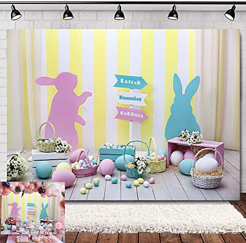 Easter Indoor Theme Photography Backdrop 5x3ft Vinyl Spring Rabbit Easter Eggs Basket Wooden Floor Photo Background Baby Shower Birthday Party Supplies Children Photo Studio Decoration Banner Booth