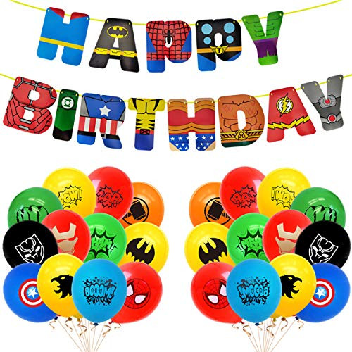 Superhero Birthday Banner and 24 pcs Superhero Balloon, Superhero Theme Birthday Party Decoration for Kids.