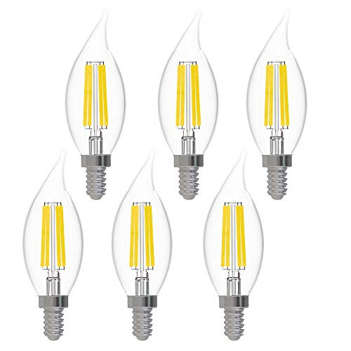 AMUV E12 Base, Edison LED Candelabra Bulb, Equivalent 60W CA11 Vintage Dimmable Filament Bulbs, for Candelabra and Chandelier, Daylight 5000K, 600 Lumen, 6 Pack