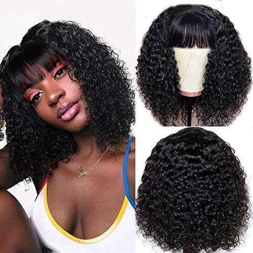 Nvnvdij 12 Inch Brazilian Short Curly Bob Wigs With Bangs Glueless None Lace Front Full Machine Made Wigs 150% Density Virgin Human Hair For Black Women