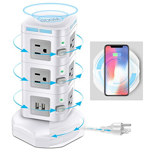 ODOM Power Strip Tower Multi Outlet Plug, Surge Protector Outlet Strip with Fast Wireless Charger + 4 USB Ports + 10 Outlets  Multiple Protection Desktop Charging Station with Long Extension Cord