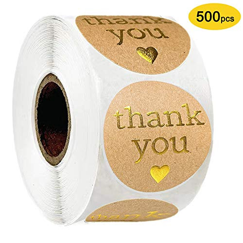 1.5 inch Thank You Stickers for Small Bussiness - Ollujea Round Kraft Thank You Stickers Seals, Adhesive Labels 500 Piece Per Roll, Thank You Labels Stickers Roll for Gift Bags, Envelope Seals Labels