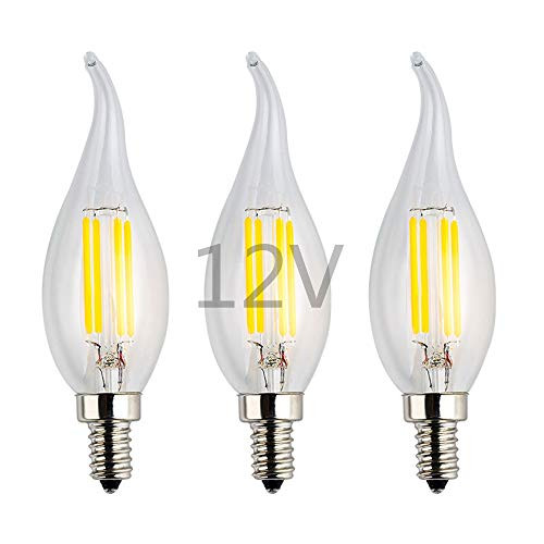 OPALRAY LED Candelabra Bulb, 12V Low Voltage Input, 4W 400Lm, 40W Incandescent Replacement, 4000K Natural White Light, Dimmable with DC Dimmer, Clear Glass Flame Tip, 12V-24V DC Operated, 3 Pack