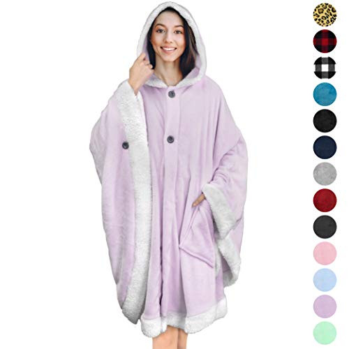 PAVILIA Angel Wrap Hooded Blanket | Poncho Blanket Wrap with Soft Sherpa Fleece | Plush, Warm, Wearable Throw Cape with Pockets for Women Gift (Purple)