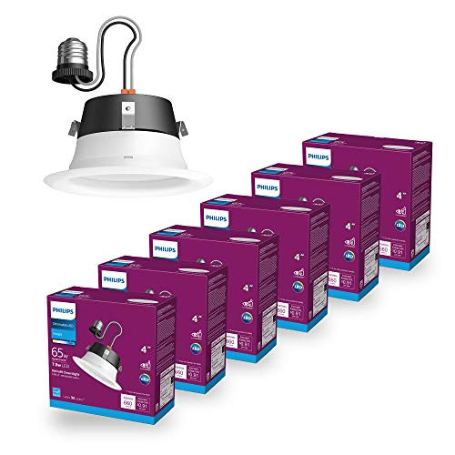 Philips LED 802652 Dimmable 4 Downlight Flicker-Free Recessed Lighting with EyeComfort Technology: 660-Lumens, 5000K, 7.5 (65-Watt Equivalent), E26 Base, Daylight, 6-Pack, Title 20 Compliant