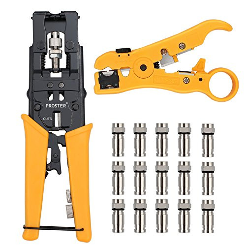 Proster Coax Compression Connector Adjustable Tool for RG59 RG6 F BNC RCA?Coaxial Cable Stripping Cutter and RG59 F Connectors Kit Set