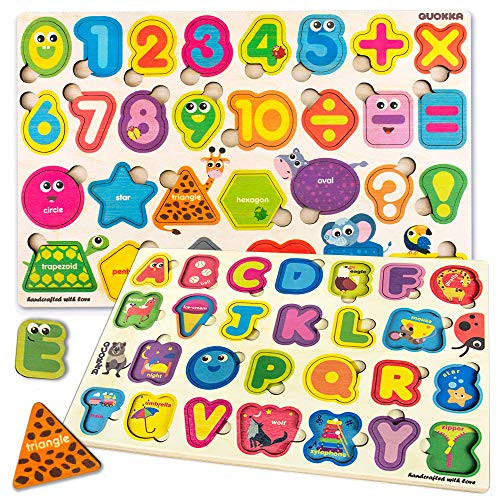 Wooden ABC Puzzles for Toddlers 2 3 4 5 Years Old - 2 Pack by Quokka  Kids Wood Educational Toys for Learning Alphabet Numbers Letters and Shapes for Boys and Girls Ages 2-4 yo