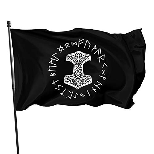 Mjolnir and Rune Wheel Norse Mythology Symbol 3x5 FT American Flag, Outdoor Banner, Family Banner, Garden Banner Black