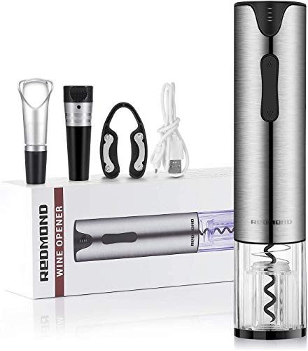 REDMOND Electric Wine Opener, 4-in-1 Rechargeable Automatic Corkscrew Wine Bottle Opener Set with Foil Cutter, Vacuum Stopper and Wine Aerator Pourer & USB Charging Cable, Stainless Steel, WO005
