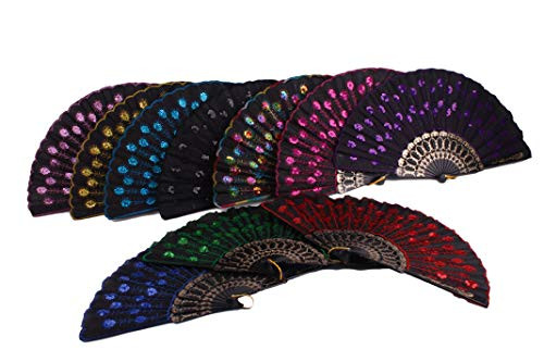 Tomixxx 1 Dozen 12 Pieces Chinese Traditional Easten Winds Spanish Floral Folding Hand Fans Gift Size 9" with Sequins