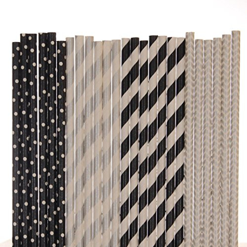 Black and Silver Paper Straw Mix - Black, Silver - Striped, Chevron, Polka Dot (25)