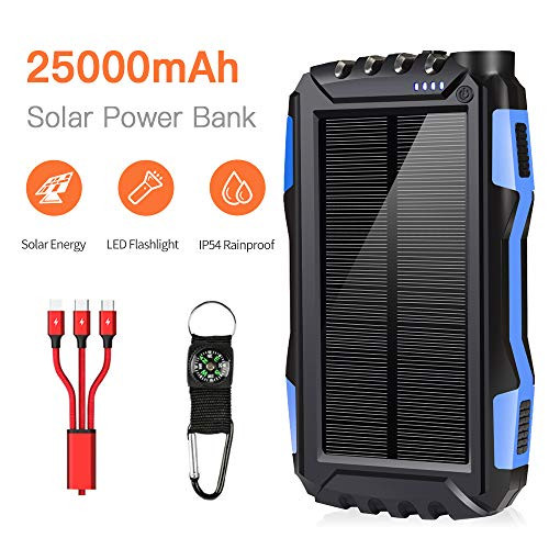 Solar Charger, Solar Power Bank 25000mAh Portable Panel Charger External Battery Pack Type C Input Port Dual Flashlight, Compass, Solar Panel Charging for Camping Outdoor (Blue)