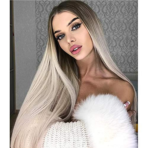 Stamped Glorious Ash Blonde Wigs Long Straight Blonde Ombre Wig for Women Middle Part Wigs Synthetic 30 Inch Women Long Hair Wigs Daily Party Use