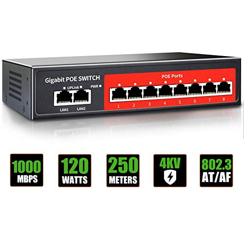 8 Port Gigabit Ethernet Unmanaged PoE Switch,8 x PoE @ 120W and 2 Gigabit Ethernet Uplink Port,Extend Function,Desktop,Unmanaged Metal Plug and Play