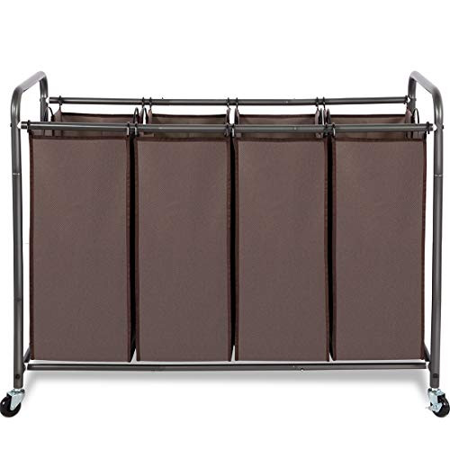 STORAGE MANIAC 4 Section Laundry Sorter, 4 Bag Laundry Hamper Cart with Heavy Duty Rolling Lockable Wheels and Removable Bags, Brown
