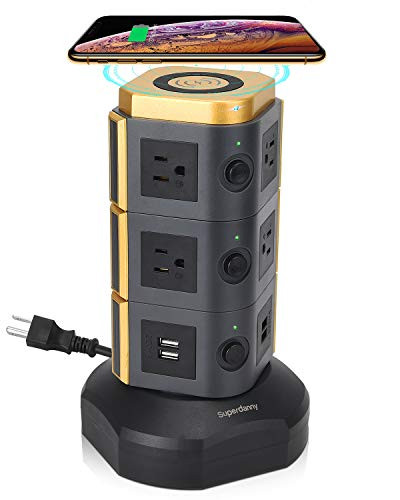 SUPERDANNY Surge Protector Tower with 10W Wireless Charger, Spin Power Strip Tower 3000W 13A Vertical Charging Station with 10AC Outlets+4USB Slots and 6.5ft Extension Cord for Home Office Garage