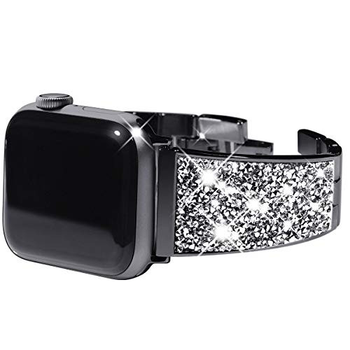 Surace Compatible for Apple Watch Bands 38mm Women Bracelet Sparkling Bling Crystals Diamond Cuff Replacement for Apple Watch Band 40mm Series 4 Series 5, Black