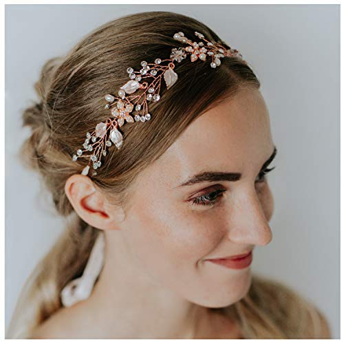 SWEETV Rose Gold Wedding Headband Bohemian Headpiece Crystal Pearl Hair Vine Flower Halo Bridal Hair Accessories