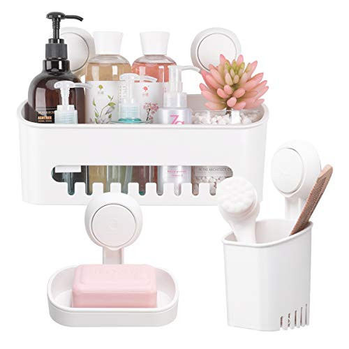 TAILI DIY Drill-Free Removable Vacuum Suction Cup Shower Caddy Storage Basket +Toothbrush Holder + Soap Dish, Kitchen Bathroom Bedroom Organizer Set