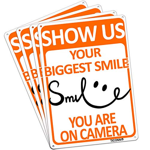 TICONN (4 Pack) Smile You're on Camera Sign Video Surveillance, Portrait 10 x 7 Inches - .040 Aluminum Rust Free with UV Coating - Use for Home Business CCTV Security Camera
