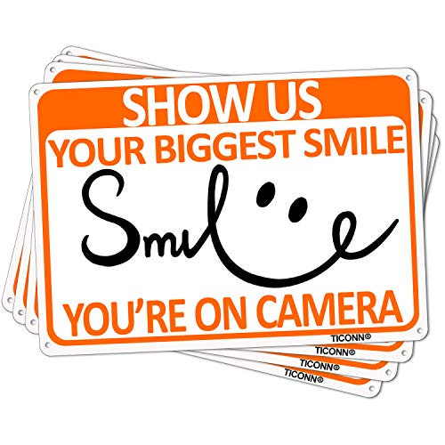 TICONN (4 Pack) Smile You're on Camera Sign Video Surveillance, Landscape 10 x 7 Inches - .040 Aluminum Rust Free with UV Coating - Use for Home Business CCTV Security Camera