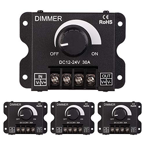 TORCHSTAR PWM Dimming Controller for LED Strip Light, Single Channel 30A 5050 3538 5630 Single Color Light Ribbon, DC 12V - 24V Dimmer Knob ON/OFF Switch with Aluminum Housing, Pack of 4