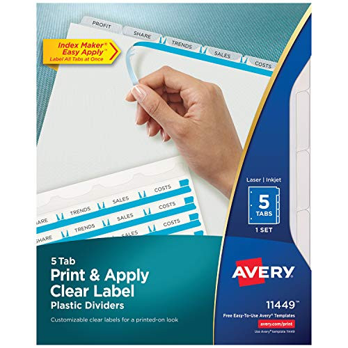 Avery Print & Apply Clear Label Plastic Tab Dividers, Index Maker Easy Apply Strip, 5 Tab Divider Set (11449)