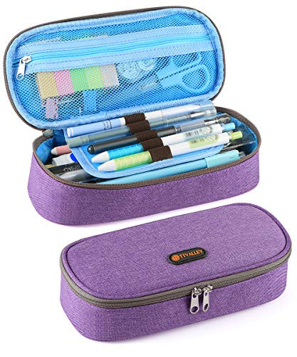 TTVALLEY Pencil Case Big Capacity Oxford Make-up Pen Bag Functional Stationery Organizer with Dual Zipper Pencil Pouch for Man & Women, (Purple)