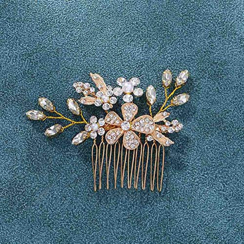 Unicra Bride Wedding Flower Hair Comb Rhinestone Bridal Side Comb Leaves Hair Accessories for Women and Girls (Gold)