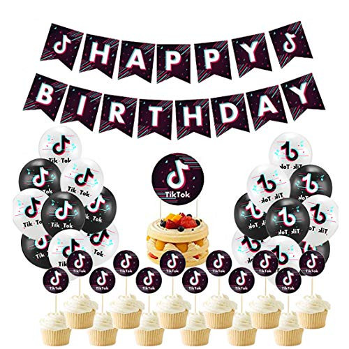 Tik Tok Party Decorations Happy Birthday Banner Latex Balloon Cake Toppers for Tik Tok Themed Party Supplies