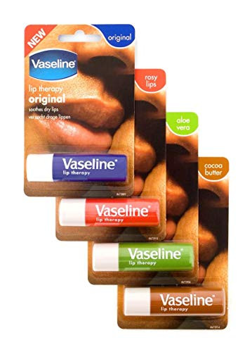 Vaseline Lip Therapy Stick with Petroleum Jelly (Original, Aloe Vera, Rosy Lips, Cocoa Butter)- 4pk