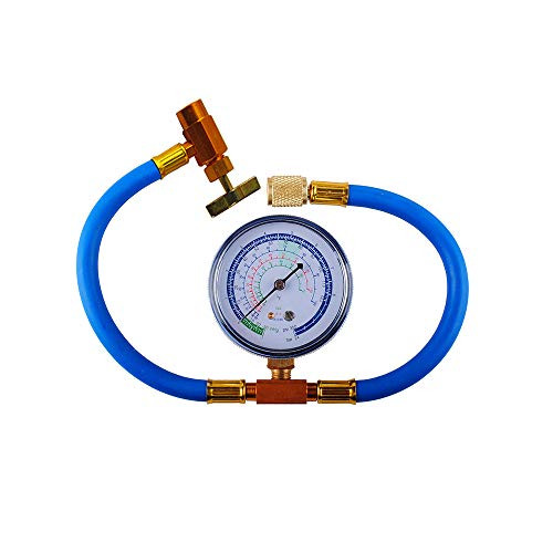 R134a Charging Hose to Refrigerator, Can Tap with Gauge - R-134a can to R-12/R-22 port, AC Recharge Hose