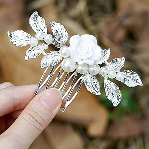 Yean Flower Bride Wedding Hair Comb Leaf Bridal Hair Piece Pearls Hair Accessories for Women and Girls (Silver) Yean Flower Bride Wedding Hair Comb Leaf Bridal Hair Piece Pearls Hair Accessories for Women and Girls (Silver)