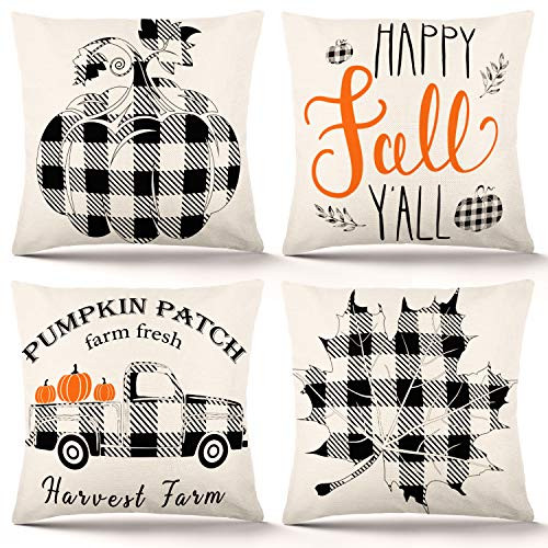 YGEOMER Fall Pillow Covers 18×18 Inch Set of 4 Fall Decor for Home Autumn Farmhouse Buffalo Plaid Pillow Covers Holiday Rustic Linen Pillow Case for Sofa Couch Thanksgiving Throw Pillow Covers
