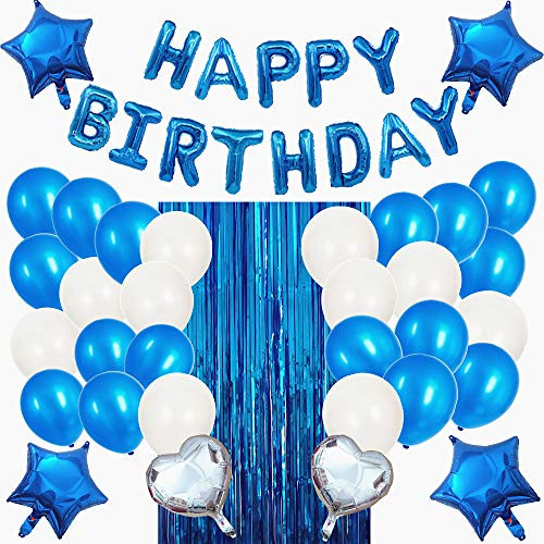 Blue Birthday Decorations & Birthday Party Decorations, Happy Birthday Balloons Banner, Foil Fringe Curtains, Foil Balloons For Birthday Party Supplies