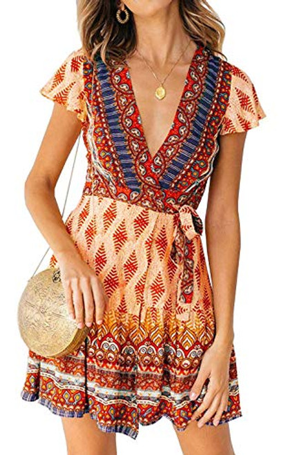 ZESICA Womens Summer Wrap V Neck Bohemian Floral Print Ruffle Swing A Line Beach Mini Dress Orange