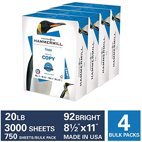 Hammermill 20lb Copy Paper, 8.5 x 11, 4 Bulk Pack, 3000 Sheets, Made in USA, Sustainably Sourced From American Family Tree Farms, 92 Bright, Acid Free