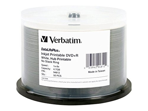Verbatim DVD+R 4.7GB 8X DataLifePlus White Inkjet Printable, Hub Printable - 50pk Spindle