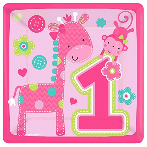 amscan One Wild Girl 1st Birthday Square Plates, 7", Pink