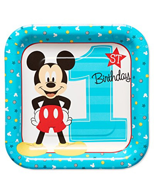 Amscan 541833 Disney Mickey's"Fun to be One" Birthday Square Paper Plates, 7", 8ct